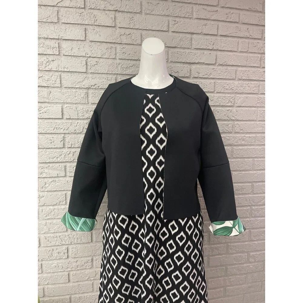 Topshop Women Black Scuba Palm Leaf Print Lining Cropped Jacket Size 8